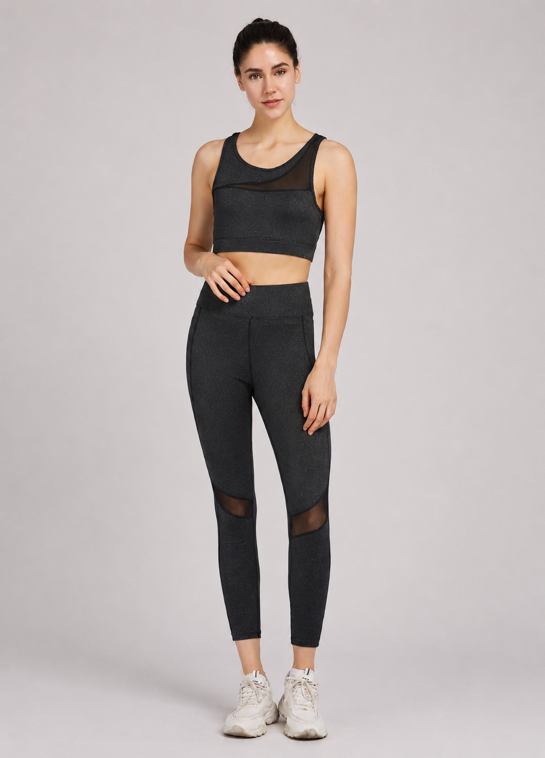 Women's Sporty Racerback Sheer Mesh Tank Top & High Stretch Leggings 2 Piece Activewear Set – Sleeveless Plain Workout Outfit