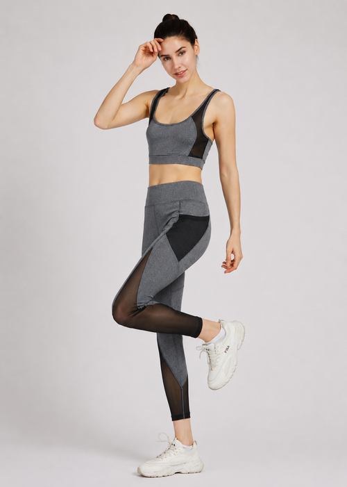 Women's Sporty Racerback Tank Top & Sheer Mesh High Stretch Leggings 2 Piece Activewear Set – Sleeveless Plain Gym Outfit