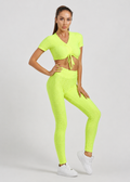 Women's Sporty V Neck Tie Front Crop Top & High Waist Leggings 2 Piece Activewear Set – Long Sleeve Plain Workout Outfit