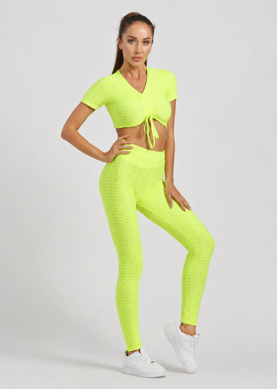 Women's Sporty V Neck Tie Front Crop Top & High Waist Leggings 2 Piece Activewear Set – Long Sleeve Plain Workout Outfit